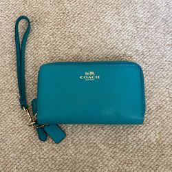 Teal Coach Double Zip Around Wristlet/Wallet