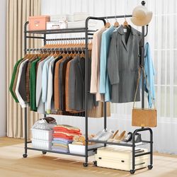 All-in-One Clothing Rack with Shelves – Heavy-Duty Rack with 620 lb Load Capacity, Portable Garment Rack with Locking Wheels – Multifunctional Bedroom