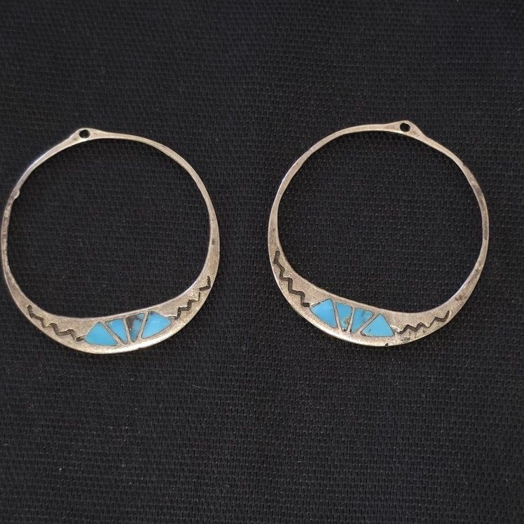 VTG Sterling Silver Native American Inlay Turquoise Round Earrings Need Hooks