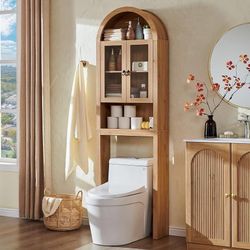 LE58 $90 Arched Over The Toilet Storage Cabinet with Acrylic Doors,Natural Oak Modern Over Toilet Bathroom Organizer Shelf, Small Wooden Bathroom Sto