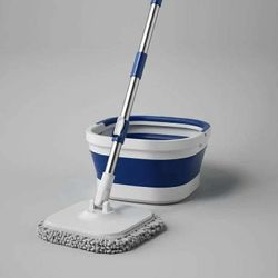 Foldable Spin Mop & Square-Head Collapsible Bucket–Space-Saving Self-Wring Microfiber Mop with Extendable Stainless-Steel Handle for Hardwood,Tile & M