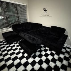 Fluffy Corduroy L-Sectional Sofa with Storage Ottoman (FREE DELIVERY)