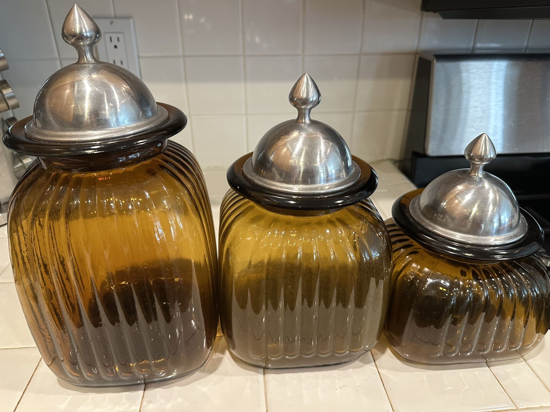 Set of 3 Vintage Amber Glass Canisters with Metal Lids