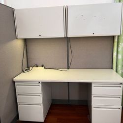 cubicle partition room Office divider Walls And white office computer desk overhead storage cabinet mounted lamps lighting