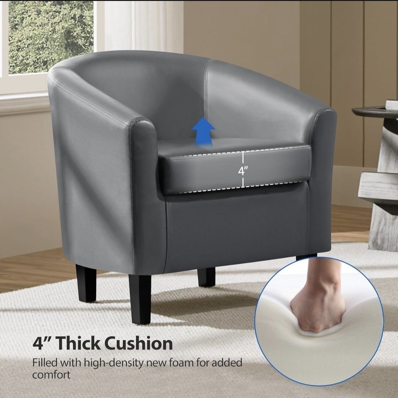 Barrel Chairs, Faux Leather Chairs, Modern Leather Club Chairs Comfy Gray Accent Chairs with Sturdy Wood Legs for Living Room/Bedroom/Reading Room/Wai