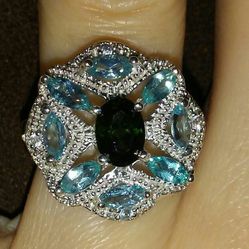 Very Unique NEW Genuine Green Sapphire Halo Sterling Silver Cocktail Ring!