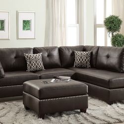 3PC Espresso Bonded Leather Sofa Sectional w/ Free Ottoman 