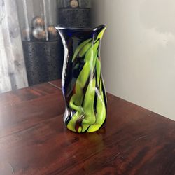 Vintage Yellow, Blue Art Glass Vase,  great condition 