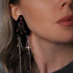 Handmade Black Red Dangle Earring, Beaded Embroidery, Stainless Steel, Leather Back, Statement Jewelry