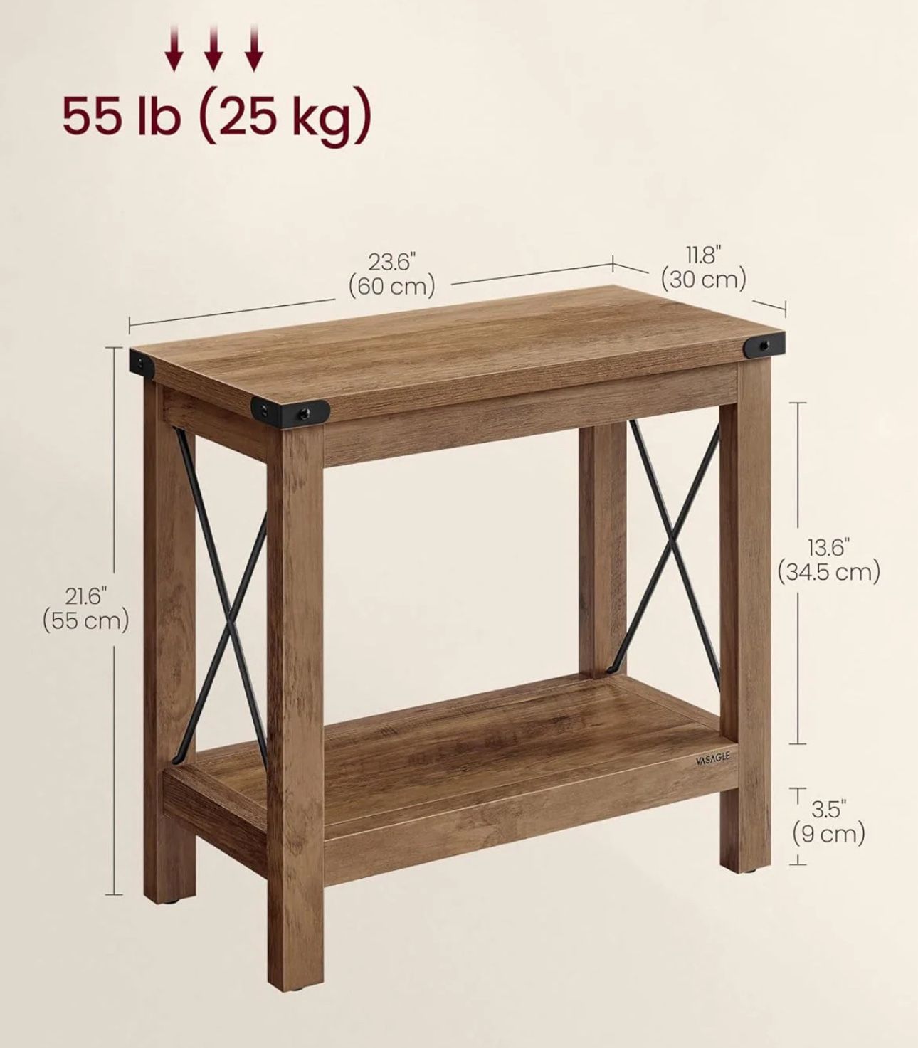 VASAGLE 2-Tier End Table Side Table with Bottom Shelf - Honey Brown