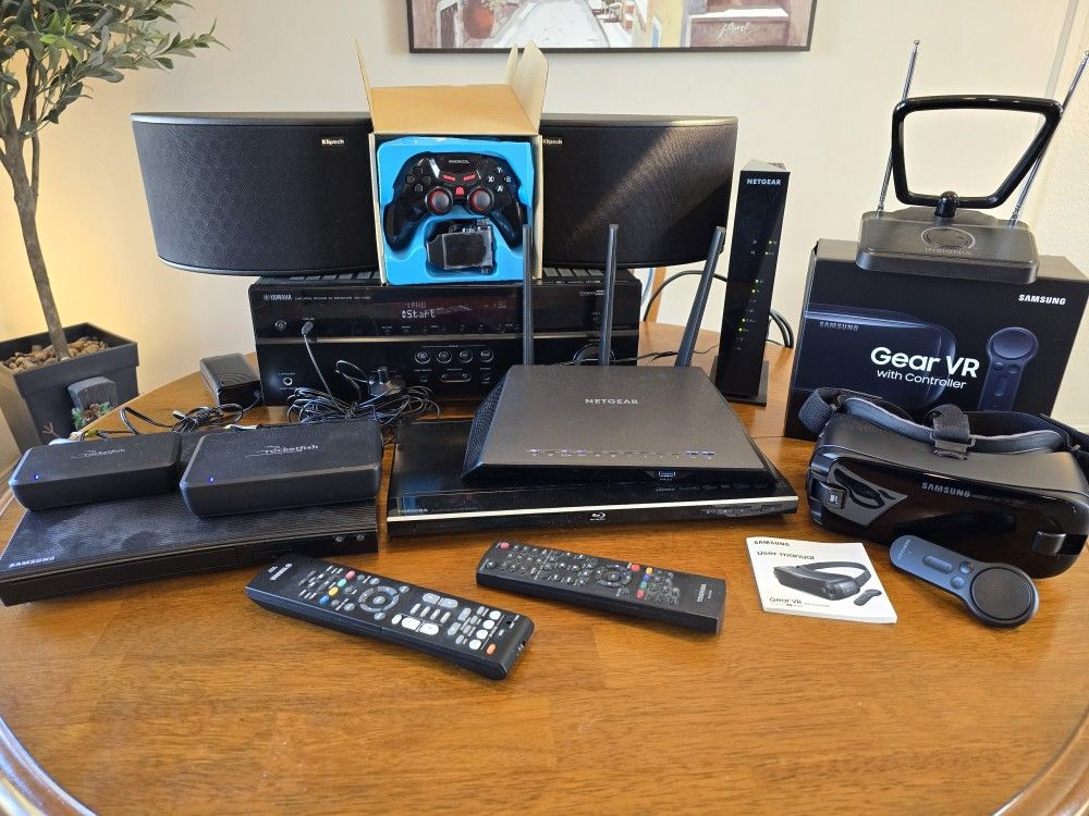 Yamaha Receiver, KLIPSCH SPEAKERS, VR Headset, Blu-ray Players, Router, Modem, And More