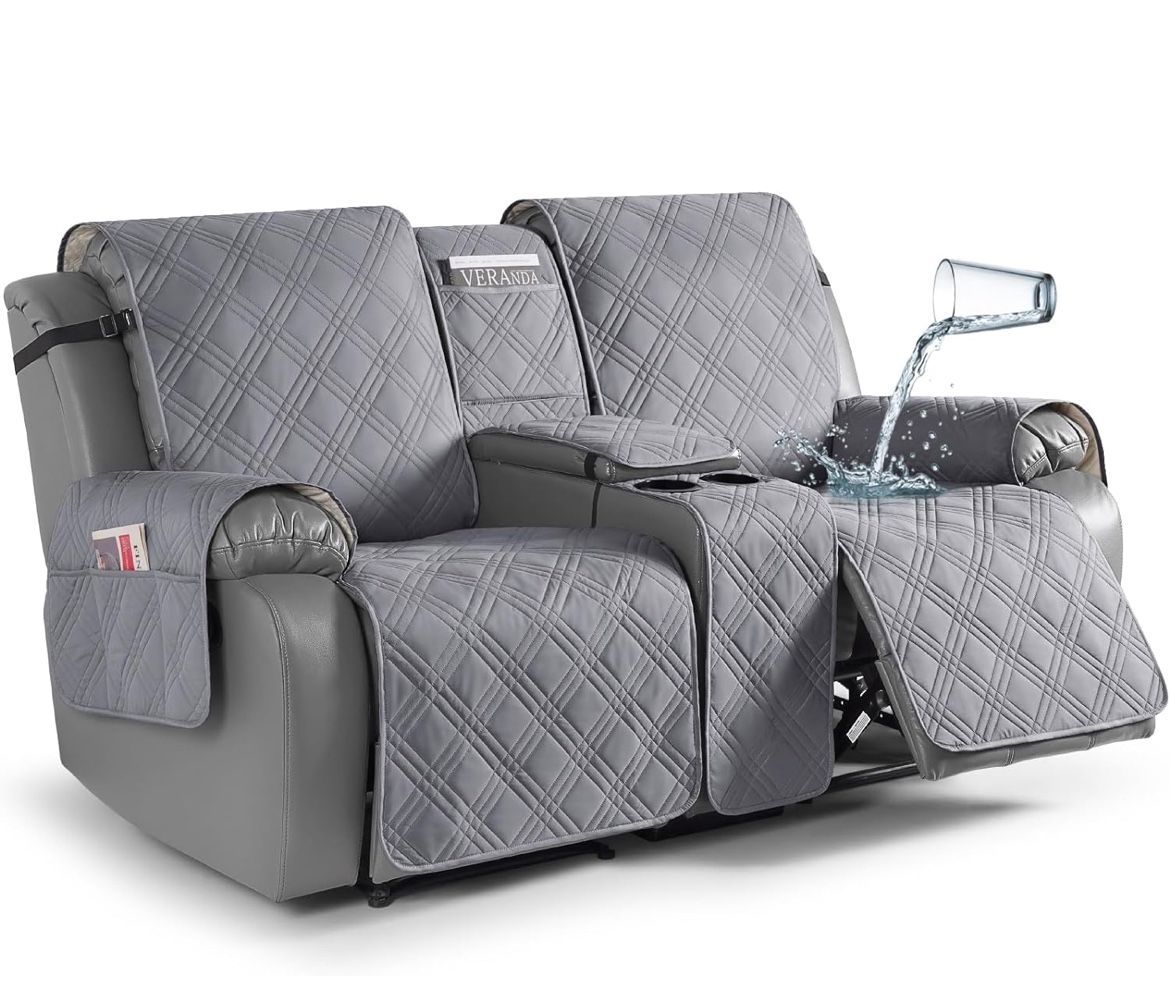 Loveseat Recliner Cover with Center Console, 100% Waterproof Pet Cover for Dual Recliner with Straps Design, Split Reclining Loveseat Cover Furniture