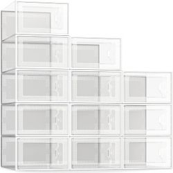 SEE SPRING Large 12 Pack Shoe Storage Box, Clear Plastic Stackable Shoe Organizer for Closet, Space Saving Foldable Shoe Rack Sneaker Container Bin Ho