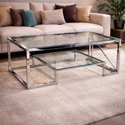 Rectangular Glass Coffee Table, 42" Wide Modern Tempered Glass Center Table with  2 Tier Accent Table for Living Room Home Office.
W. 42x 20
H. 18
$ 6