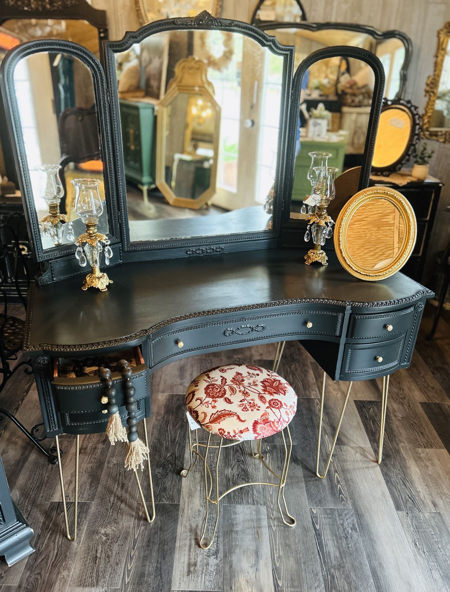 Amazing Antique Black & Gold Vanity W/ Tri Fold Mirror