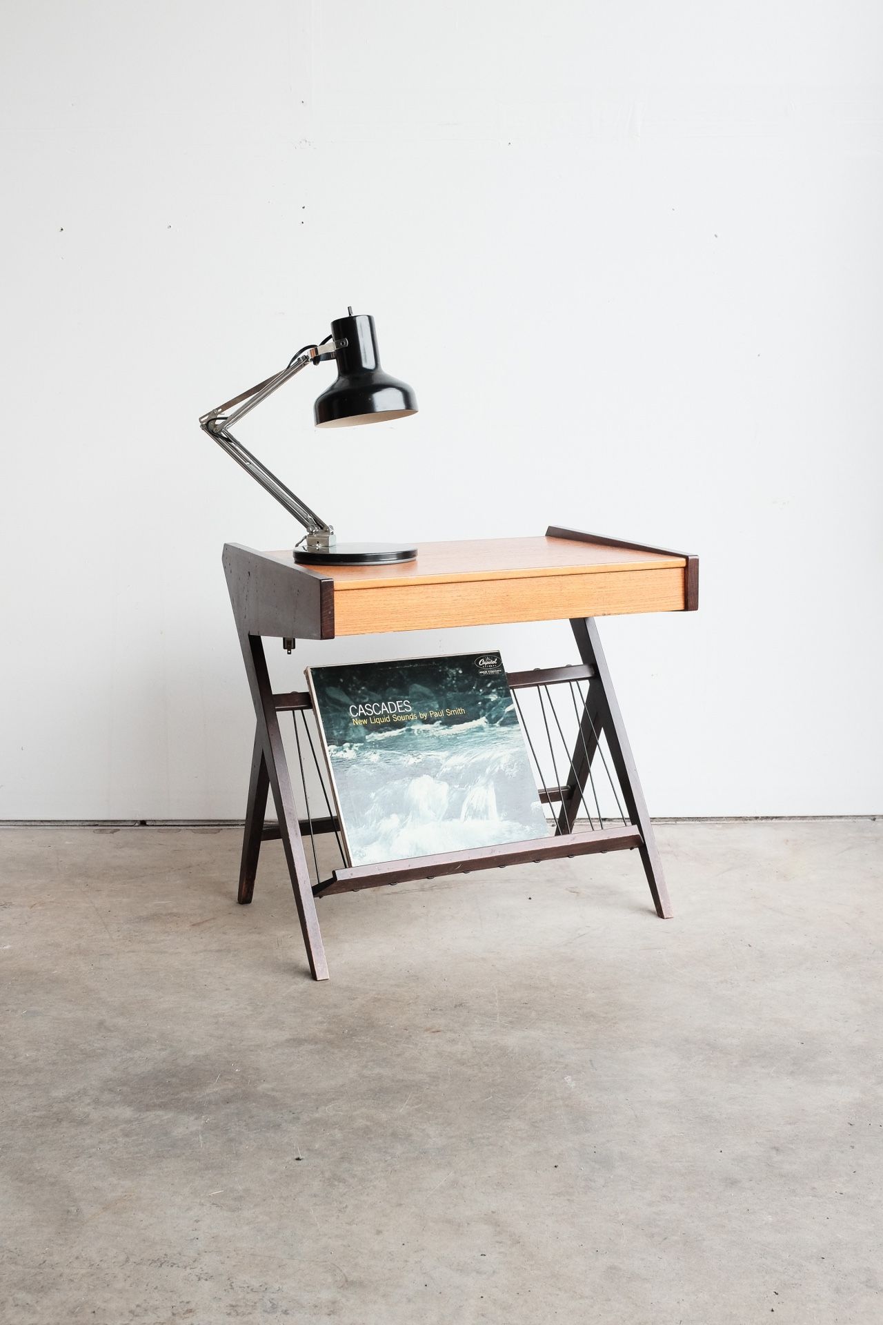 Mid Century Teak Magazine Rack Vinyl Record Table with Drawer - Made in Sweden, 1960's