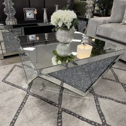 Square Mirrored Acrylic Crystal Coffee Table - Silver