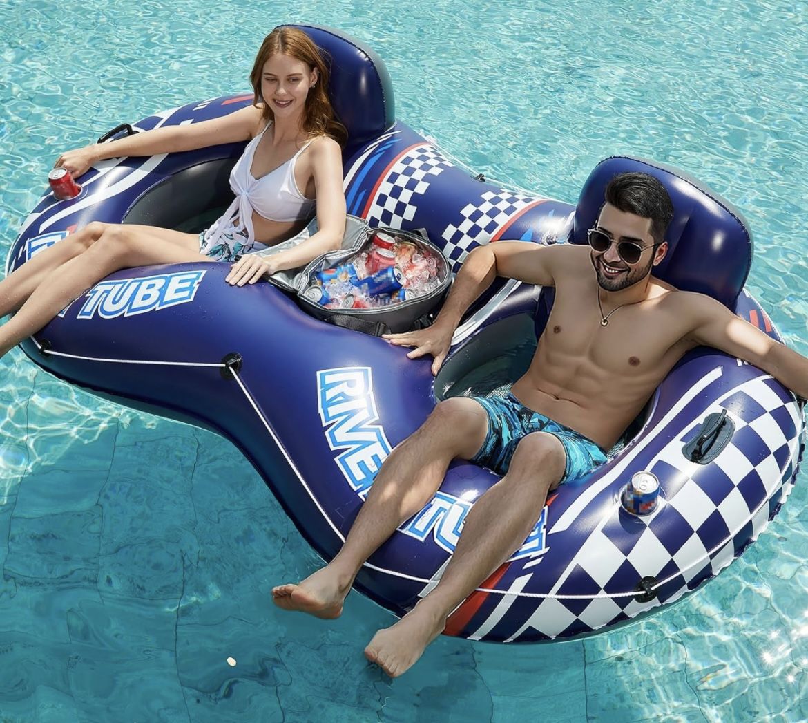 New In Box Inflatable River Tube Float-2Person Heavy Duty River Float Pool Float with Removable Cooler Lake Water Tube for Floating River Raft Leisure