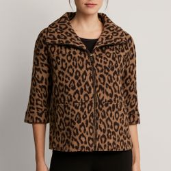 Carlisle Leopard Print Wool Angora Zip Front Jacket