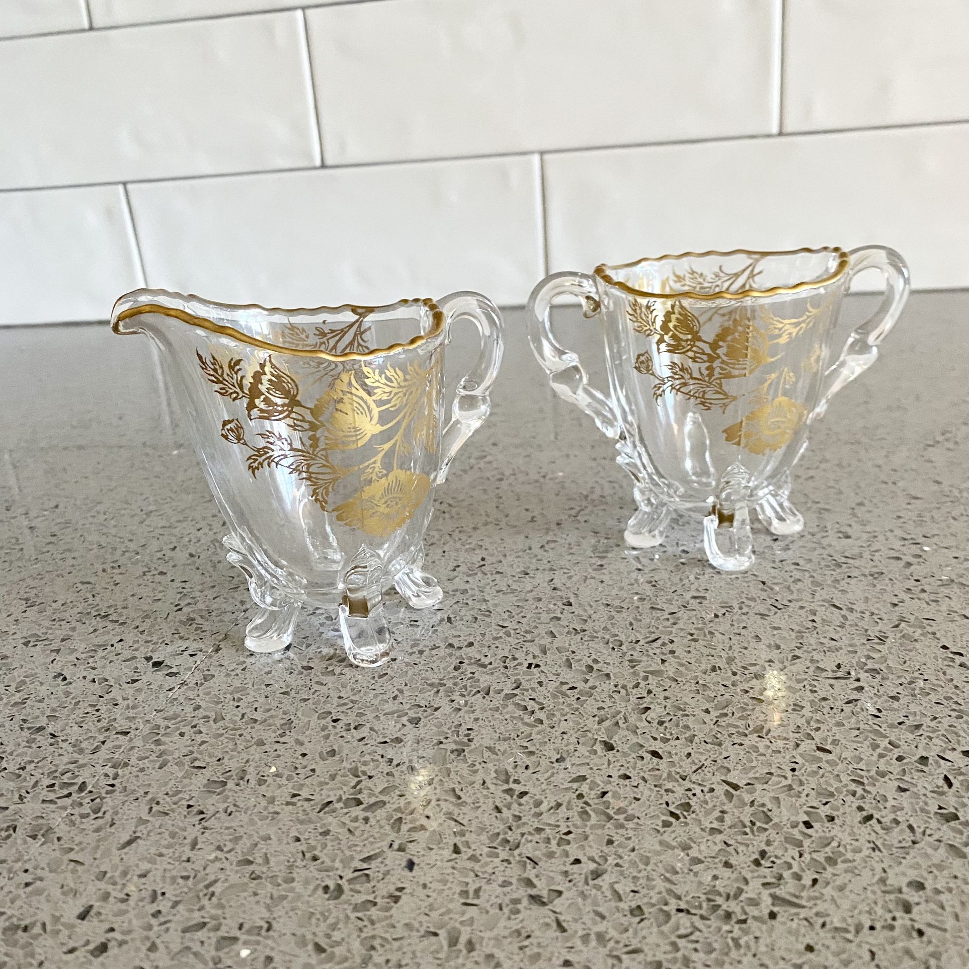 Vintage Glass Footed Creamer Sugar Set Frosted Floral Design Gold Trim Fancy 