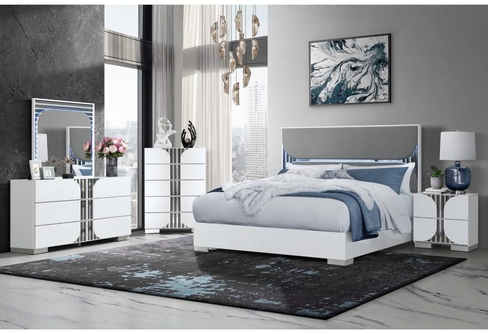 Sleek white finish bedroom set w/led light adding a touch of sophistication