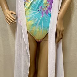 Colorful Tie Dye Self Tie  Beach Pool One Piece Swimsuit & White Chiffon Cover Up 2 Pc Set