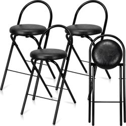 4 Pcs 24 Inch Folding Bar Stool With Backrest, Leather Padded Folding Stools For Adults Up To 350lbs, Collapsible Round Counter Height Stool Chair For