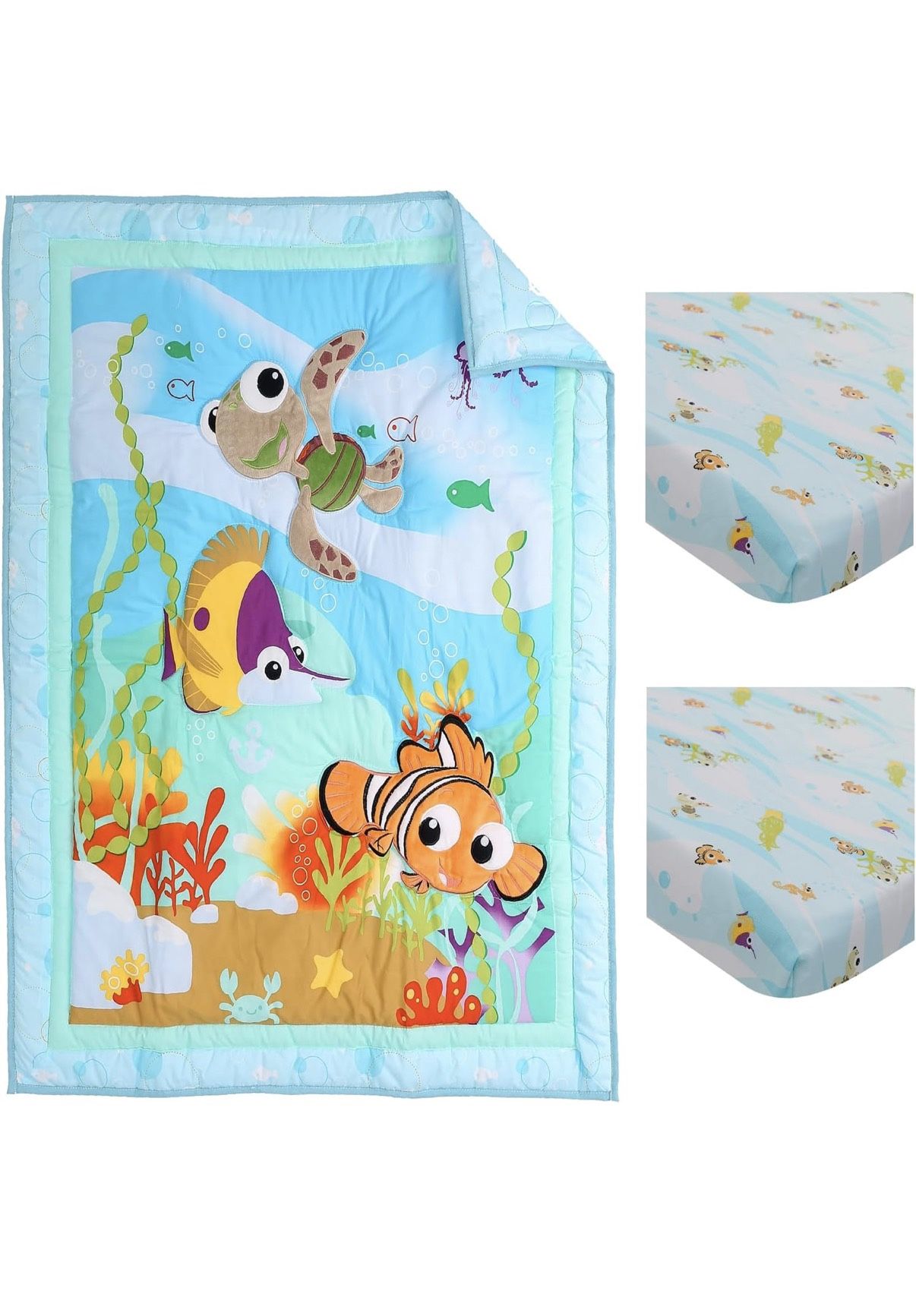 Pices Blue Ocean Theme Nursery Crib Bedding Set Embroidery Turtle Crown Fish Crib Bedding Set for Girls Boys 1 Quilt +2 Fitted Sheet