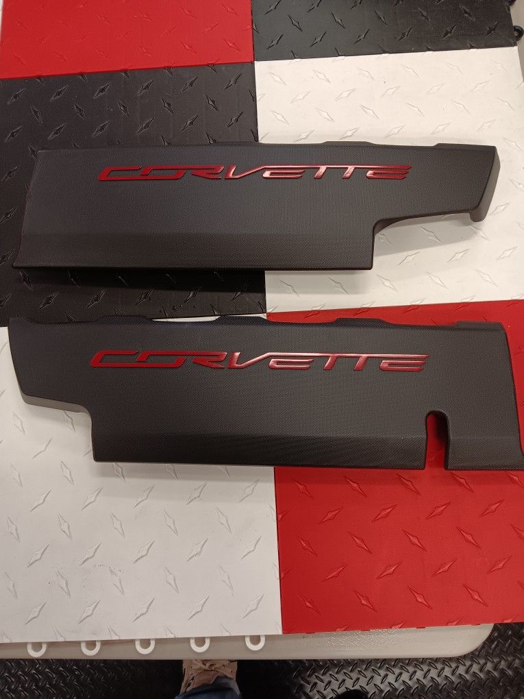 OEM C7 Corvette Stingray Engine Fuel Rail Covers - Black w/ Red Lettering (Pair)