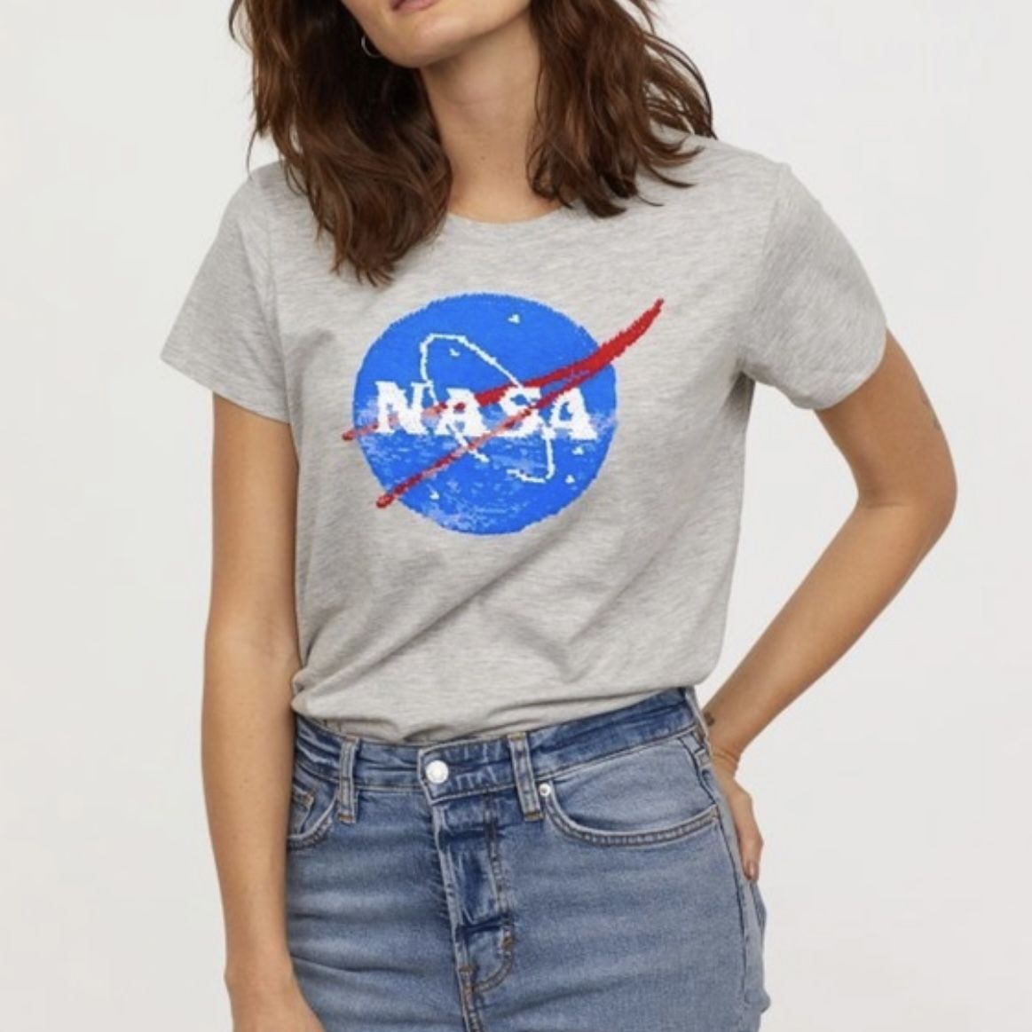 H&M Light Grey NASA Logo Space Shuttle Reverse Sequin Short Sleeve Graphic Tee