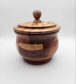 MCM Vintage Handcrafted Patchwork Design Wooden Trinket Bowl with a Lid 