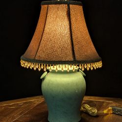 Turquoise Clay Lamp with Brown Beaded Lampshade