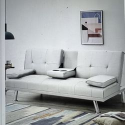 67 Inch White Leather Pullout Sofa / Bed With Coffee Tray 