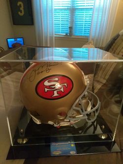 One of one !!!!! Sighed and Inscribed "" super Joe """ Joe Montana full size riddell pro line helmet in mirrored case with certificate of authenticity