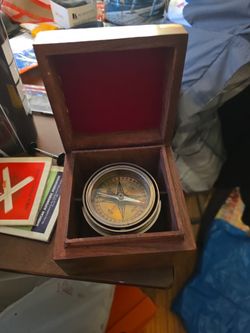 vintage brass marine gimbal compass in a wooden presentation box