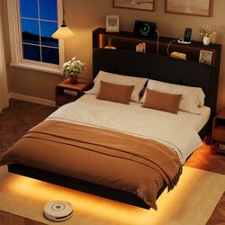 Bed Frame Queen Size with LED Lights & Charging Station – Kids Wood Floating Queen Bed Frame with Storage Headboard, Adhesive Slats, Kick-Free & Noise