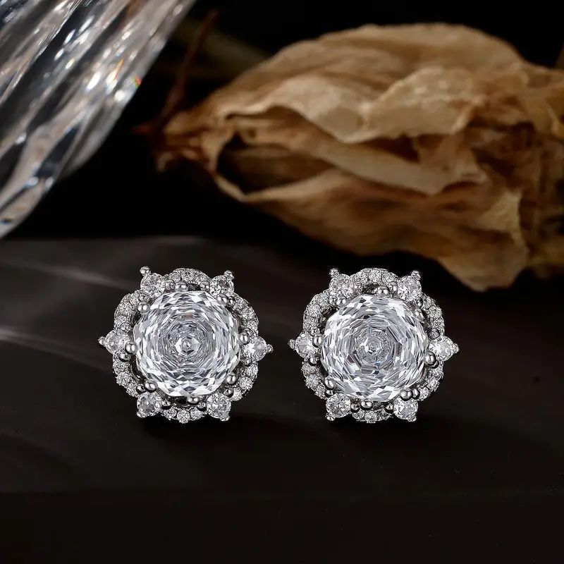 5.0 Carats Moissanite Rose Cut Flower Earrings, VVS1 Rose Cut, 925 Sterling Silver Stud Earrings White. Blue, Purple, Champagne, Pink