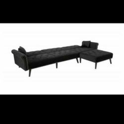 L Shape Sectional Couch Sleeper Couch Bed with Extra Wide Chaise Lounge (Black)