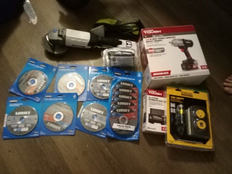 Ryobi Sander, Hart Grinder, Hyper Tough Impact Wrench, Hart Cutting Wheels , Hyper Tough All System Auto Scan Tool , Stanley Power Inverter