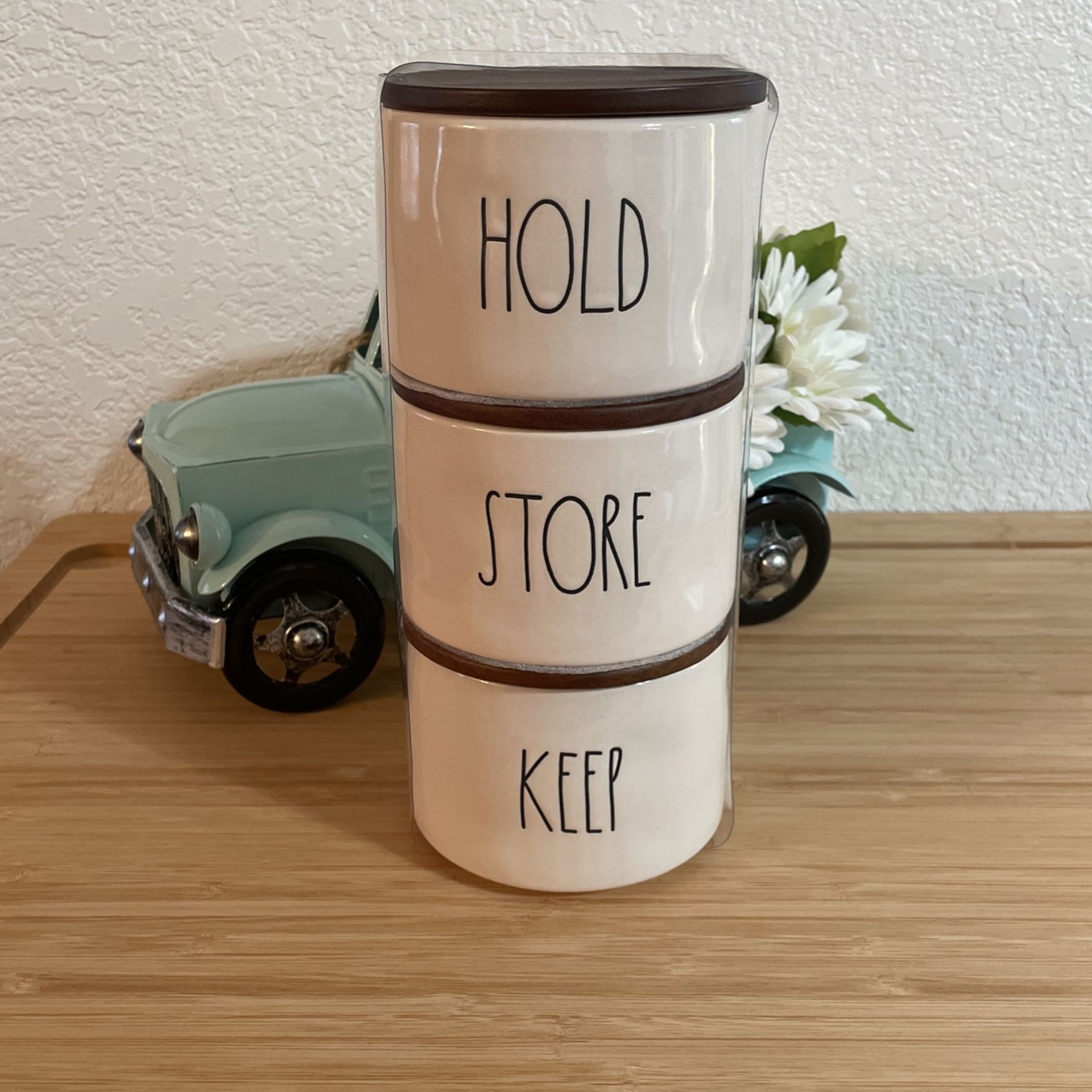 Rae Dunn “HOLD, STORE, KEEP” canister set