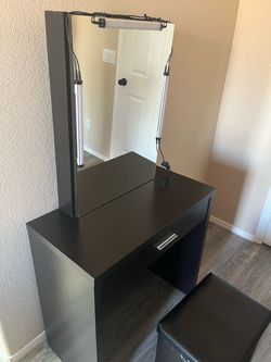 Modern Black Makeup Vanity Desk with Lighted Mirror & Matching Stool Set