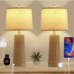 Table Lamp, 3 Way Dimmable Table Lamps Set of 2, Touch Control Lamp for Bedroom, Lamps for Night Stands with AC Outlet & USB C+A, Rattan Bedside lamp,