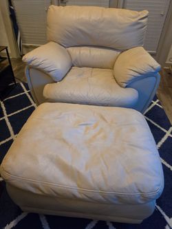 Leather Ivory colored Chair & Ottoman