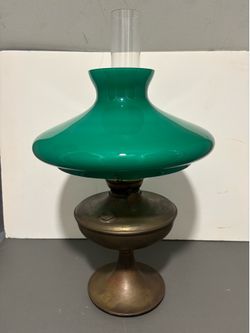 ANTIQUE brass RADIANT OIL LAMP with GREEN CASED SHADE 19”