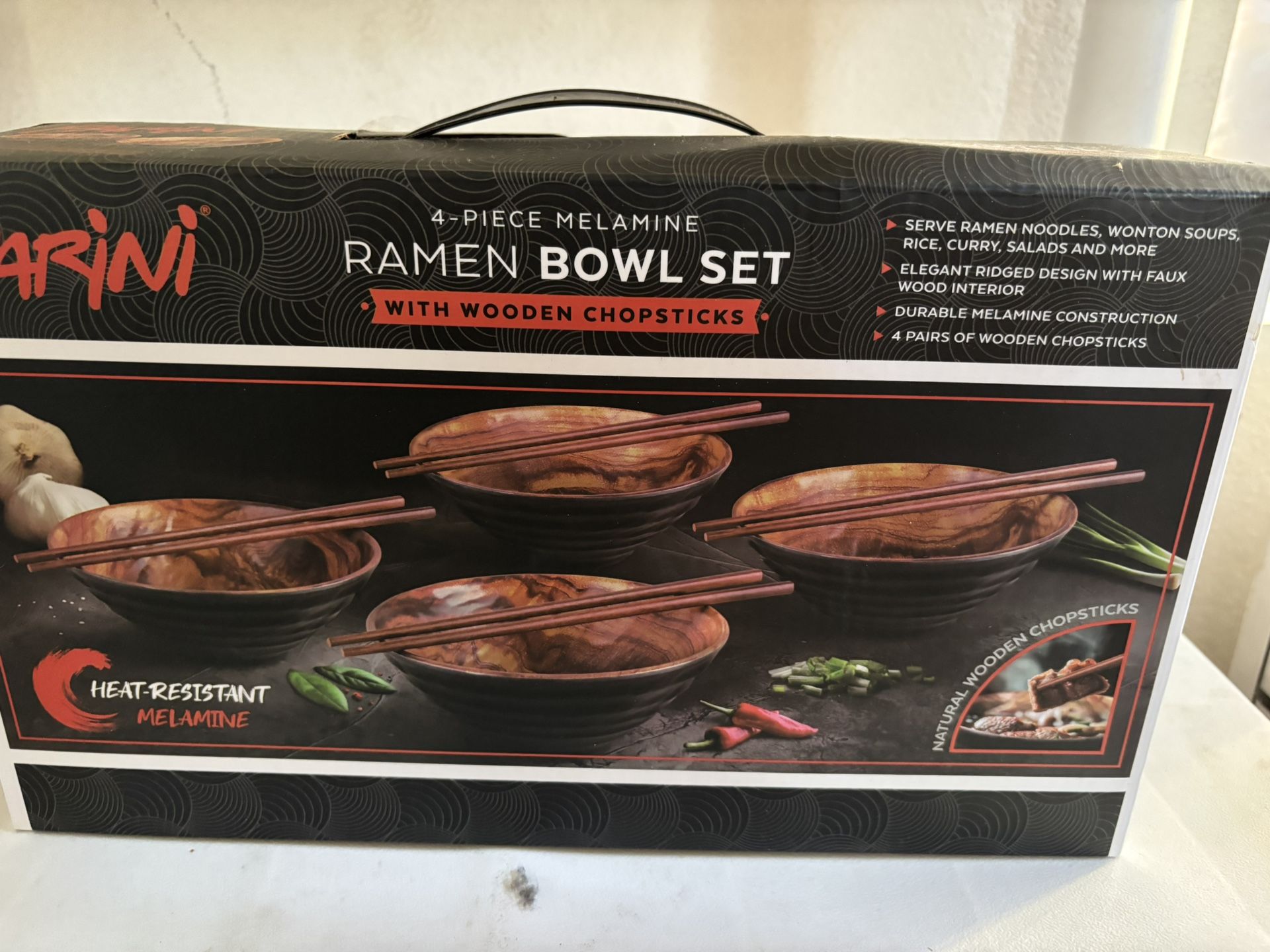 4 Piece Melamine Ramen Bowl Set with Wooden Chopsticks