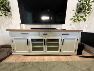 White and Wood TV Stand/Console table with Glass Doors
