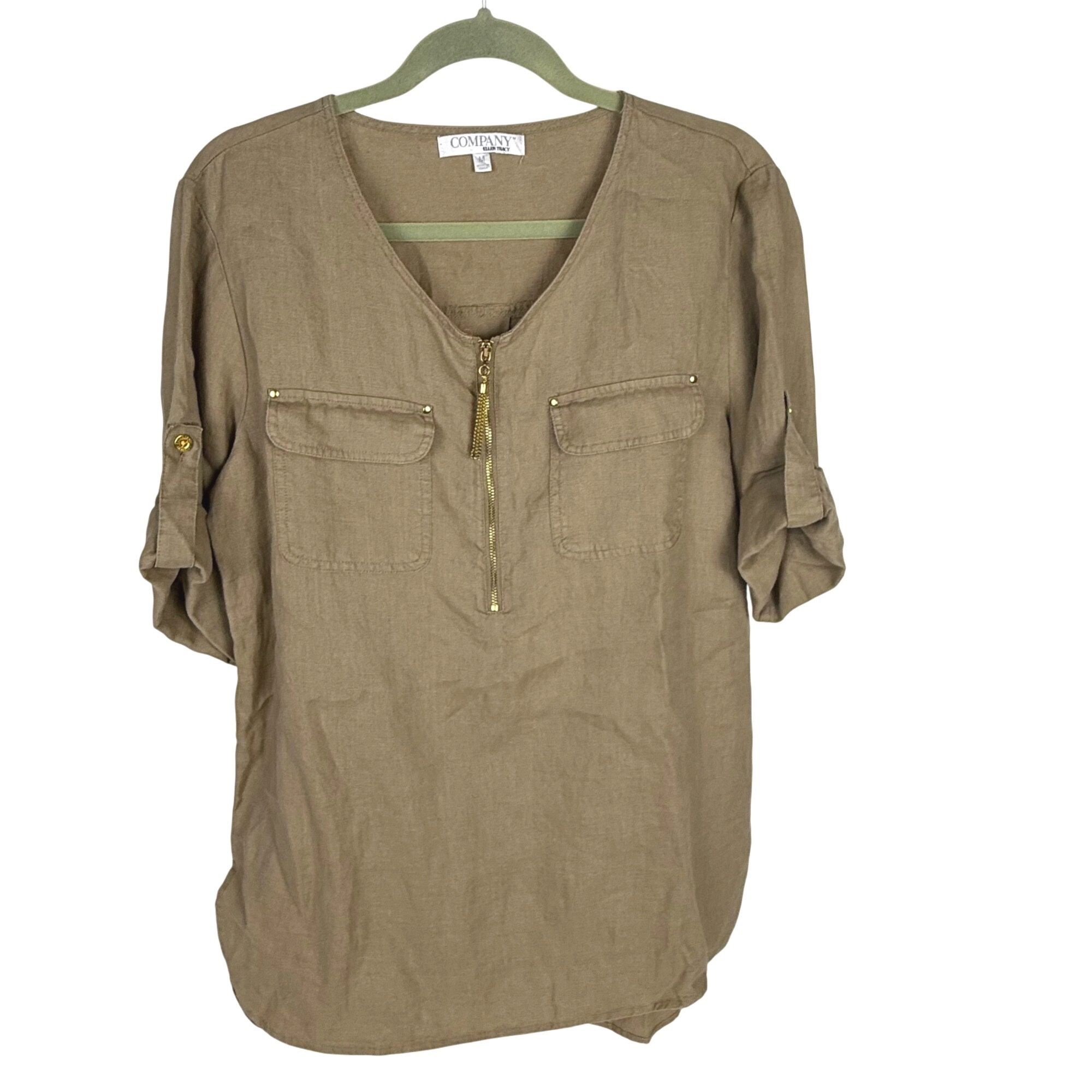Ellen Tracy Women's Linen Top Roll-Tab Sleeve 1/4-Zip Flax Size M