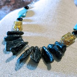 Black Tektite Meteorite Impact Onyx Turquoise Magnesite Murano Glass Necklace