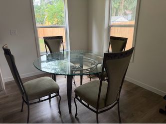 Round Beveled Glass Dining Table Set w/4 upholstered High -Back Chairs