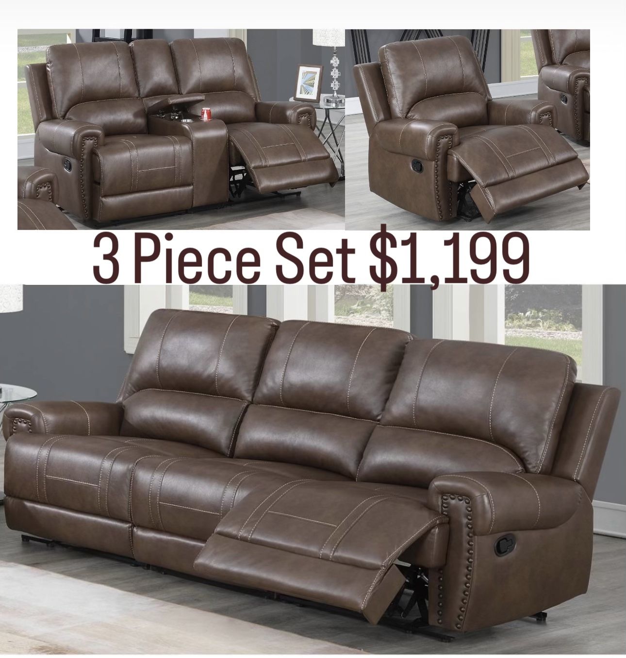 3 Piece Set Brown Manual Recliner Sofa Loveseat Chair With A Nailhead Trim Accent Cup holders And Storage Brand New In Box Firm Price $1,199